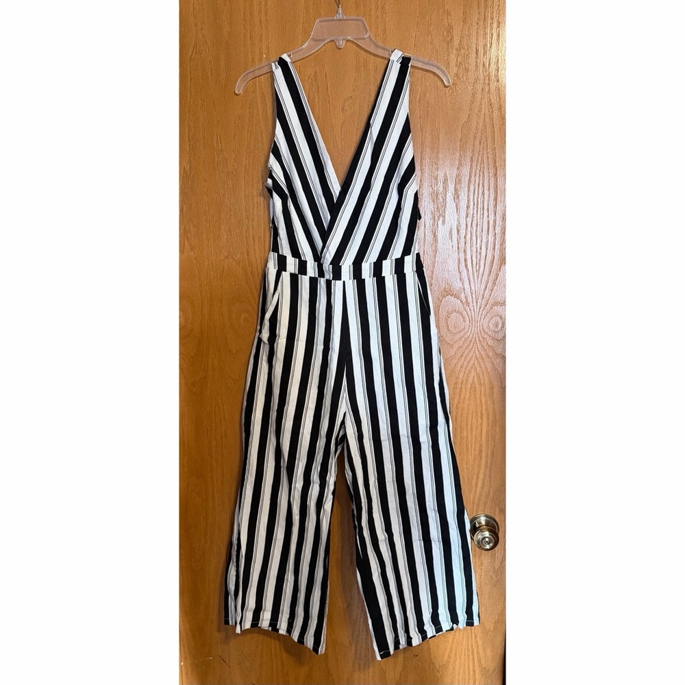 AKIRA Black & White Vertical Stripe Jumpsuit